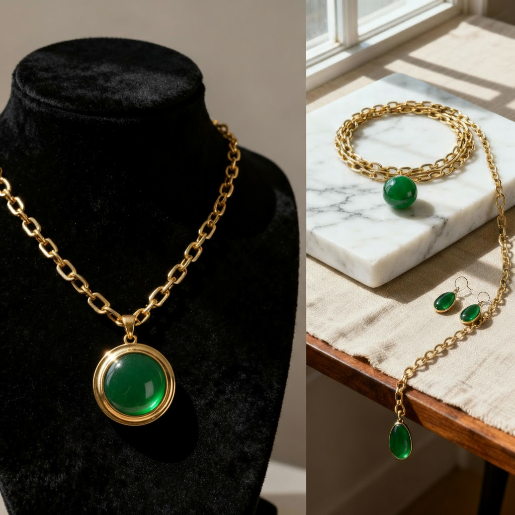 ✨ Oval Green Crystal Pendant Necklace Set with Bracelet – ✨